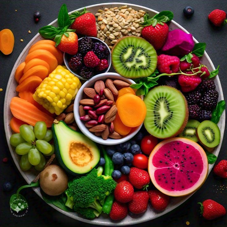 A variety of colourful whole foods arranged on a wooden surface, illustrating balanced eating principles